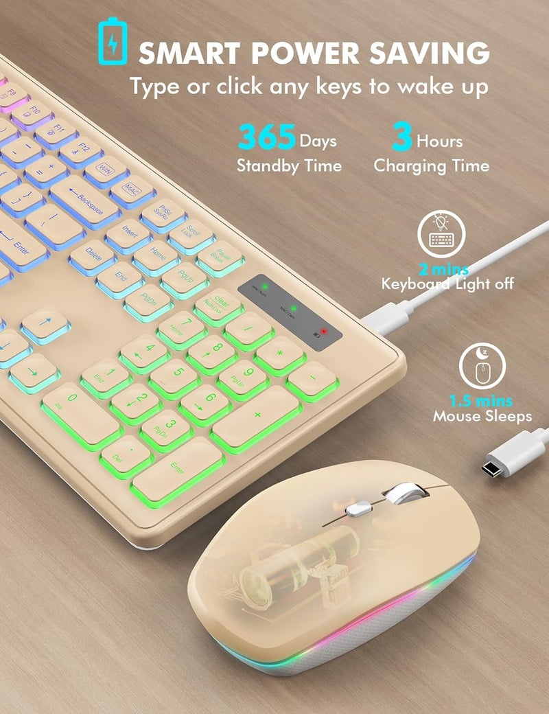 Trueque Wireless Keyboard and Mouse Combo, RGB Backlit, Rechargeable & Light Up Letters, Full-Size, Soft Typing, Sleep Mode, 2.4GHz Quiet Keyboard Set for Mac, Windows, Laptop, PC, (Warm Sand) - Image 3